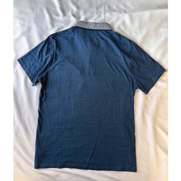 Denim & Flower Men's Medium Short Sleeve Polo Unique Geometric Collar Navy Blue - Picture 2 of 5